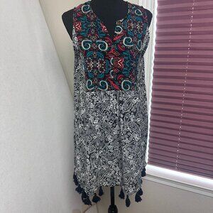 Avani del Amour Floral Long Tunic dress sz L fringe paisley Lagenlook Bohemian‎
